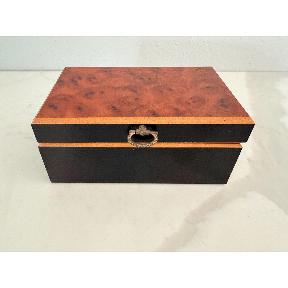 Vintage Jewelry Box Wood Veneer Rectangular Ring Storage Original Sticker